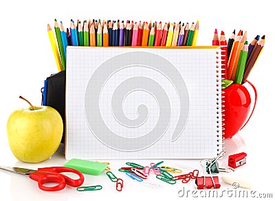 Notebook with school stationary objects Stock Photo