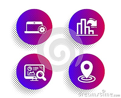 Notebook service, Seo analytics and Decreasing graph icons set. Location sign. Vector Vector Illustration
