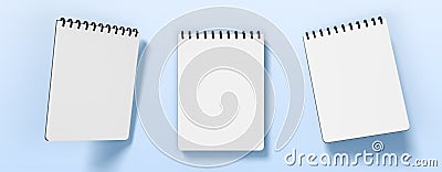Notebook sheets, block of blank pages with spiral 3d render icon set. Realistic mockup of empty wall calendar, white Cartoon Illustration
