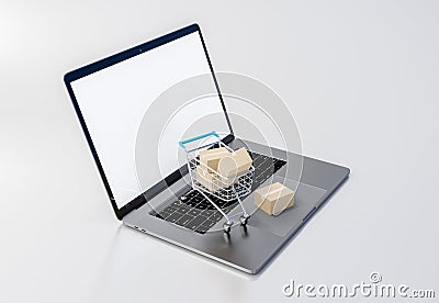 A notebook with a shopping cart and shipping boxes. 3d render for online shopping concept Stock Photo