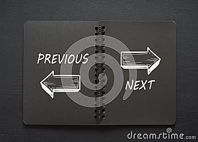 Notebook showing previous and next steps with arrows pointing in opposite directions Stock Photo