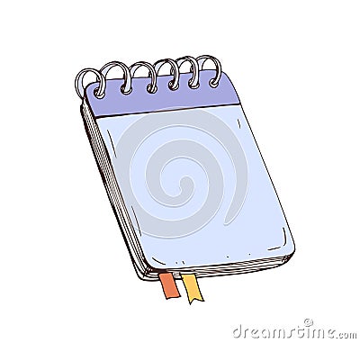 Notebook, sketchbook with spiral binding. Notepad, closed vertical paper note pad with sticky bookmarks. Rings bound Vector Illustration