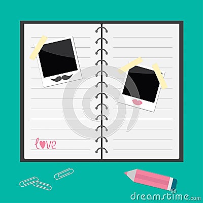 Notebook with spiral, blank lined paper, pencil, paperclips and Vector Illustration