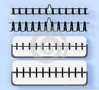 Notebook spirals mockup 3d render icon set. Realistic wire metal ring bindings and springs for calendar, notepad, diary Cartoon Illustration