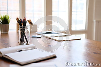 Notebook stationary on library desk. back to school learning education concept Stock Photo