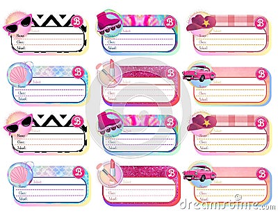 Notebook stickers name pink B doll Stock Photo