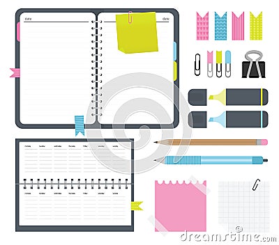 Notebook with stickers, calendar, paper clips, markers, pen and pencil. Set elements in flat design Vector Illustration