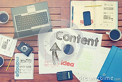 Notebook with text inside Content on table with coffee, some di Stock Photo