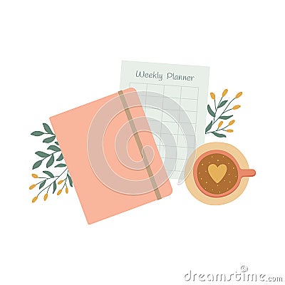 Notebook, weekly planner and cup of coffee. Personal timetable. Morning routine concept Vector Illustration