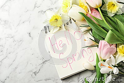 Notebook with words HELLO SPRING and fresh flowers on white marble table, flat lay Stock Photo