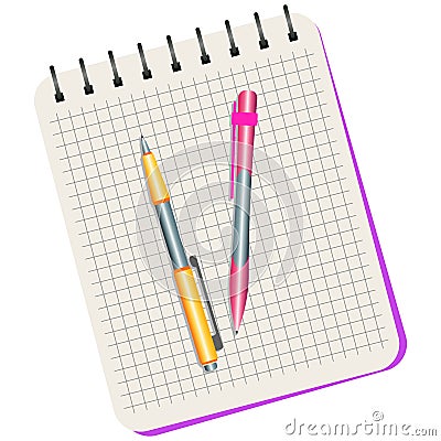 Notebook, yellow pen and pink pen Vector Illustration