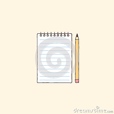 Notebook and yellow pencil. Hand drawn vector art illustration. Vector Illustration