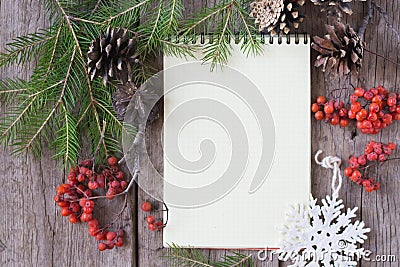 Notebooke and Christmas decoration Stock Photo