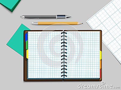 Notebooke, pen and pencil Vector Illustration