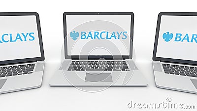 Notebooks with Barclays logo on the screen. Computer technology conceptual editorial 3D rendering Editorial Stock Photo