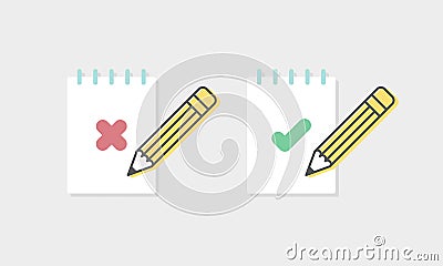 Notebooks with check mark icons and pencil. Vector illustration, flat design Vector Illustration