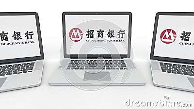 Notebooks with China Merchants Bank logo on the screen. Computer technology conceptual editorial 3D rendering Editorial Stock Photo
