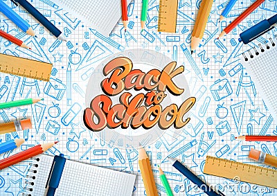 Notebooks with deferent pencils in realistic style with lettering text back to school. School doodle illustrations. Vector Cartoon Illustration