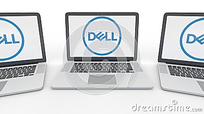 Notebooks with Dell Inc. logo on the screen. Computer technology conceptual editorial 3D rendering Editorial Stock Photo