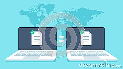 Notebooks file transfer. Data transmission, ftp files receiver and notebook computer backup copy. Document sharing Vector Illustration