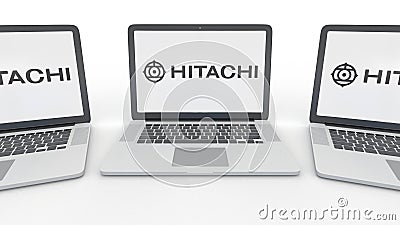 Notebooks with Hitachi logo on the screen. Computer technology conceptual editorial 3D rendering Editorial Stock Photo