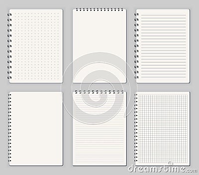 Notebooks lined dots. Sketchbook blank pages with variety view. Notepad vector isolated mockups. Blank mock up with Vector Illustration