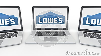 Notebooks with Lowe`s logo on the screen. Computer technology conceptual editorial 3D rendering Editorial Stock Photo