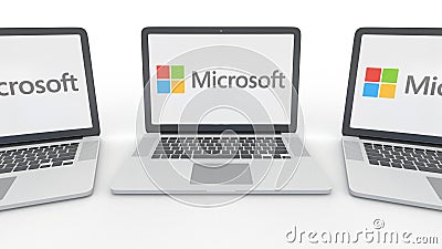 Notebooks with Microsoft logo on the screen. Computer technology conceptual editorial 3D rendering Editorial Stock Photo