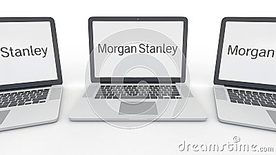 Notebooks with Morgan Stanley Inc. logo on the screen. Computer technology conceptual editorial 3D rendering Editorial Stock Photo