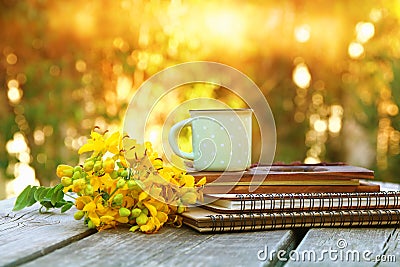 notebooks next to field flowers on wooden table outdoors Stock Photo