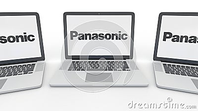 Notebooks with Panasonic Corporation logo on the screen. Computer technology conceptual editorial 3D rendering Editorial Stock Photo