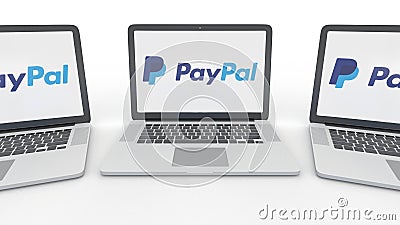 Notebooks with PayPal logo on the screen. Computer technology conceptual editorial 3D rendering Editorial Stock Photo