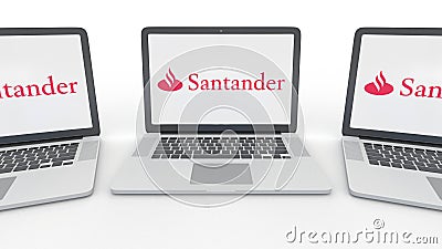Notebooks with Santander Serfin logo on the screen. Computer technology conceptual editorial 3D rendering Editorial Stock Photo