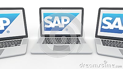 Notebooks with SAP SE logo on the screen. Computer technology conceptual editorial 3D rendering Editorial Stock Photo