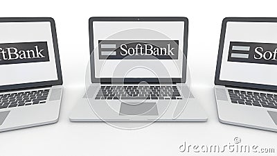 Notebooks with SoftBank logo on the screen. Computer technology conceptual editorial 3D rendering Editorial Stock Photo