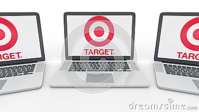 Notebooks with Target Corporation logo on the screen. Computer technology conceptual editorial 3D rendering Editorial Stock Photo