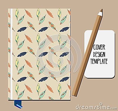 Notepad, book cover design template with feathers pattern Vector Illustration