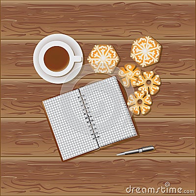 Notepad, coffee and Christmas gingerbread. Wooden background. Vector Illustration