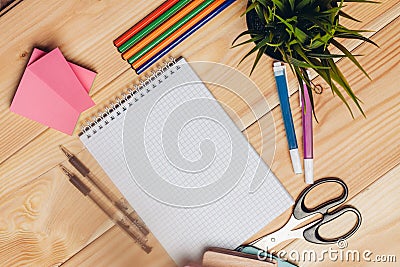 notepad colorful pencils scissors school crafts stationery Stock Photo