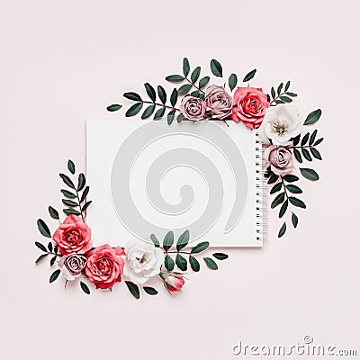 Notepad and floral frame in pastel colors. Spring Summer concept, boho style Stock Photo