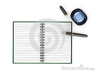 Notepad with fountain pen and ink jar Stock Photo