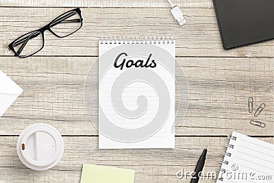 Notepad with goals text in header. Empty page for goals list Stock Photo