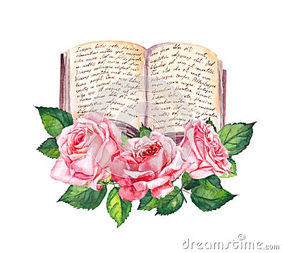 Notepad with handwritten notes, pink roses. Vintage watercolor romantic illustration with book and flowers Cartoon Illustration