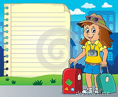 Notepad page with happy tourist woman Vector Illustration