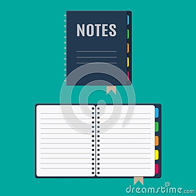 Notepad and paper sheets with bookmarks Vector Illustration