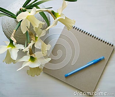 Notepad with pen, daffodils in a vase on a white table. Inspirational workplace. Stock Photo