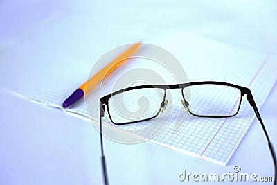 Notepad, pen and glasses. start over with a clean slate. Concept from scratch Stock Photo