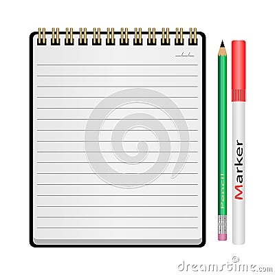 Notepad, pencil, marker Vector Illustration