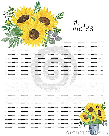 Notes blank page template with floral decoration watercolor illustration, yellow sunflowers, green leaves, flower bouquet Cartoon Illustration