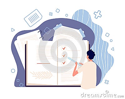 Notes concept. Man planning day, notebook for stickers. To do list, time management vector illustration Vector Illustration